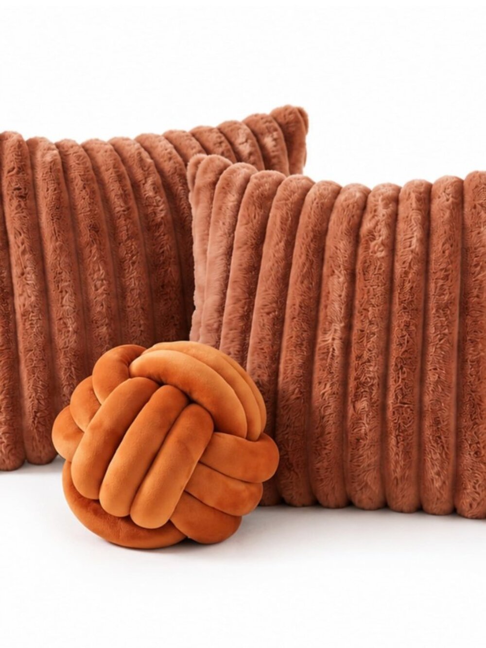 1 Knot Pillow Ball and 2 Pcs 18" Throw Striped Pillowcases, Brown